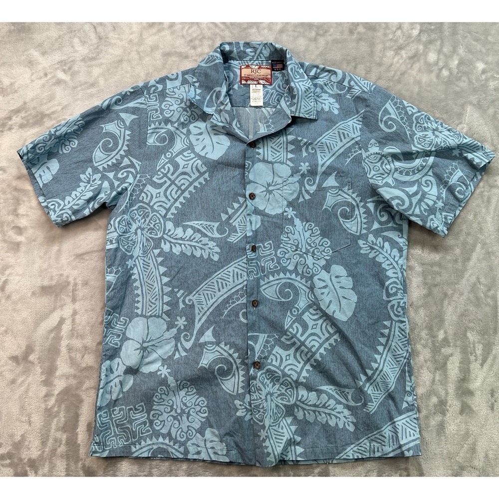 Vintage RJC All Over Print Button Up Hawaiian Shirt Mens Sz L Kākau Hibiscus USA